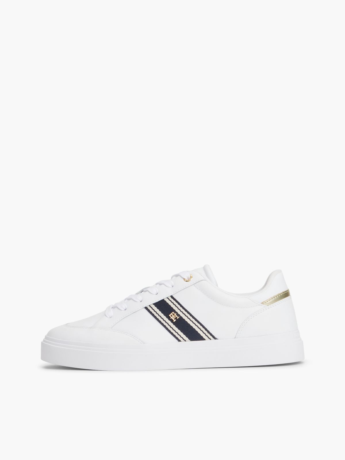 Leather Webbing Strap Cupsole Trainers — White