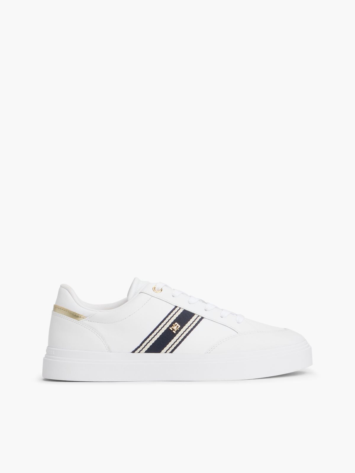 Leather Webbing Strap Cupsole Trainers — White