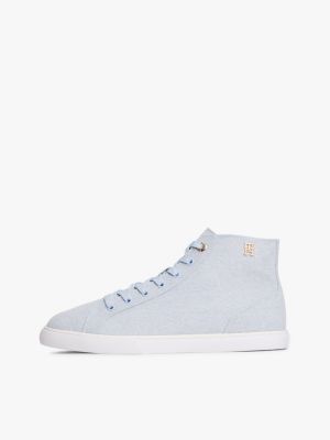blue th monogram canvas mid-top trainers for women tommy hilfiger