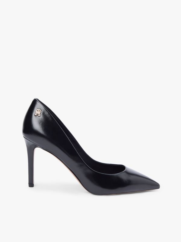 Leather Pointed Toe Stiletto Heels — Black