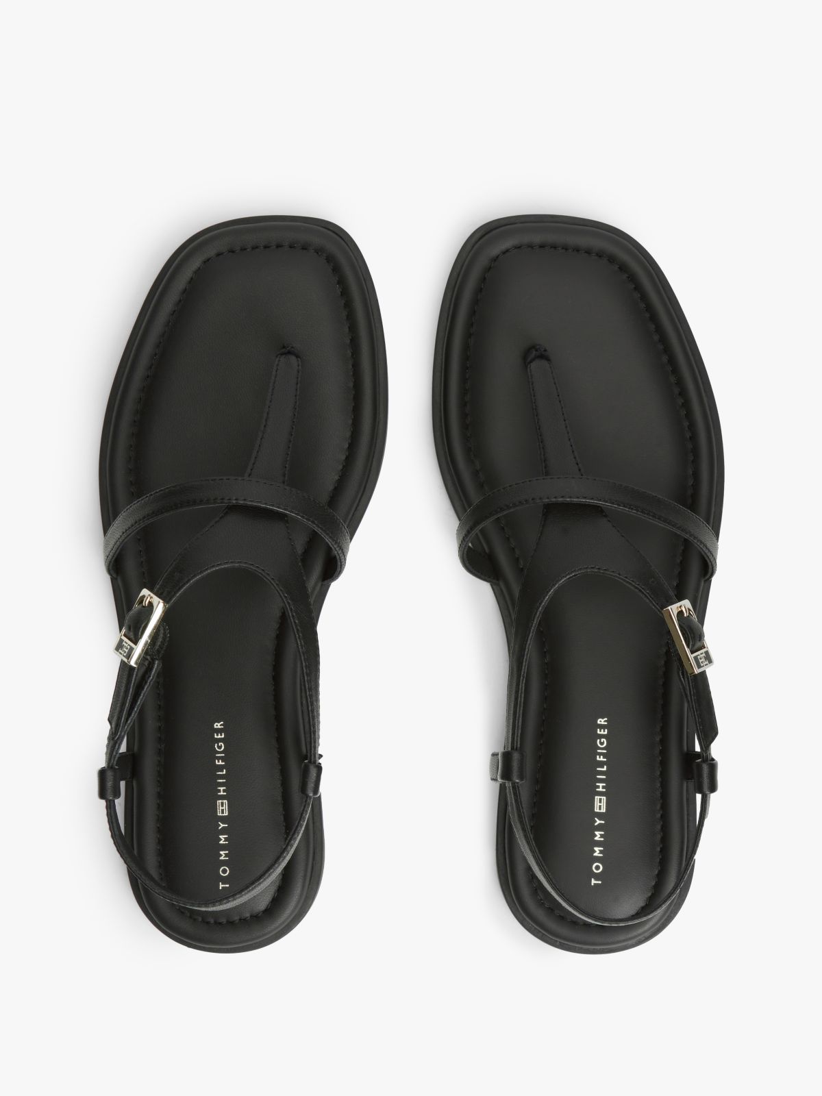 Leather Strap Toe Post Sandals — Black