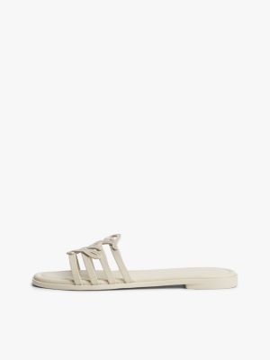 mule in pelle con fascette e logo beige da donne tommy hilfiger