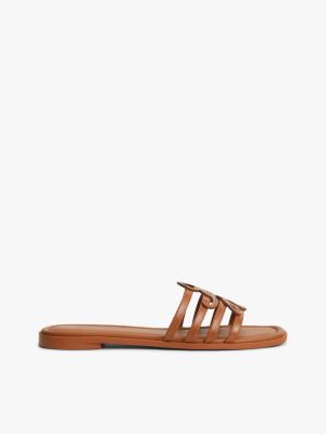 brown logo strap leather mules for women tommy hilfiger