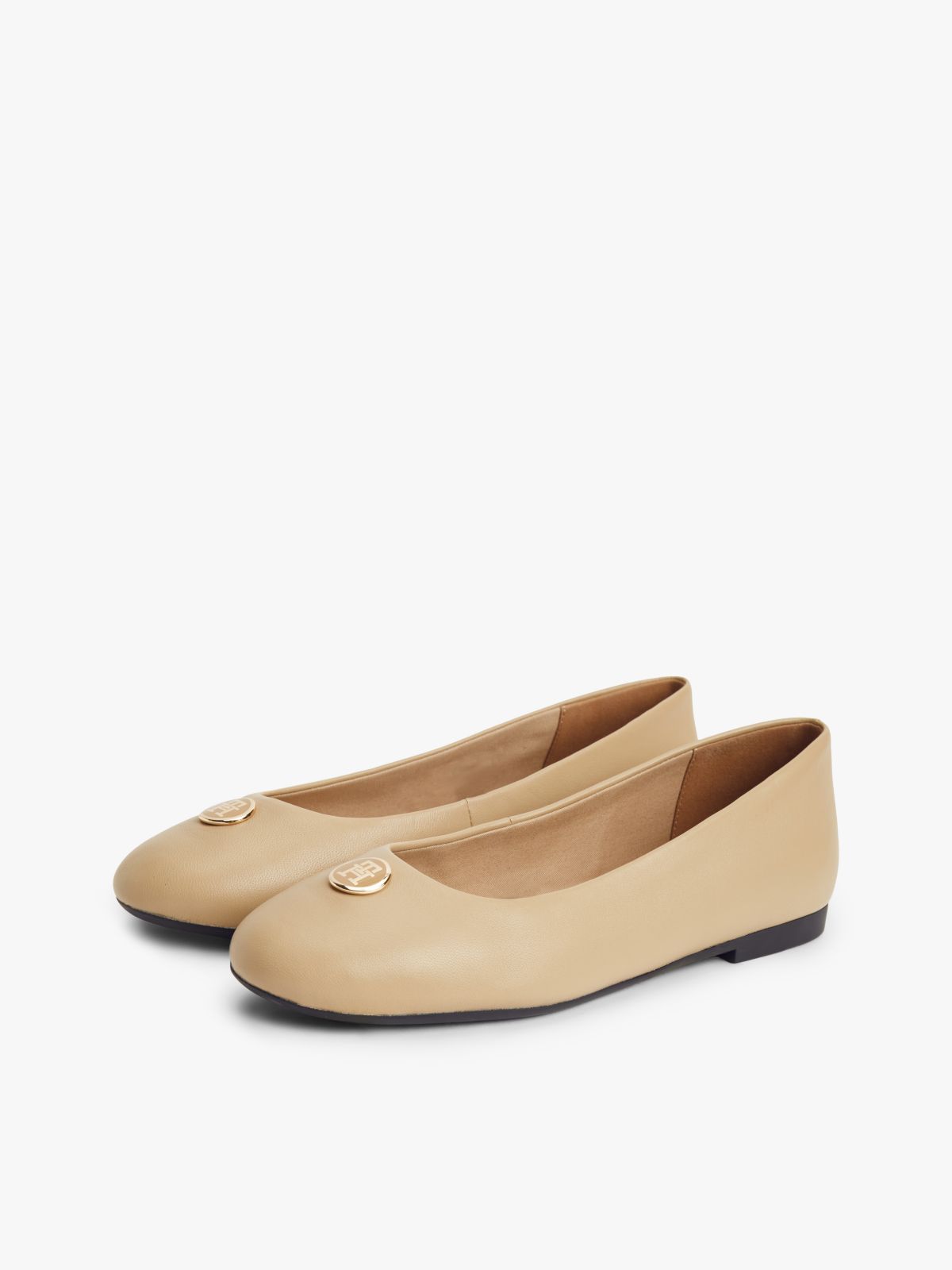 TH Monogram Plaque Leather Ballerinas — Beige