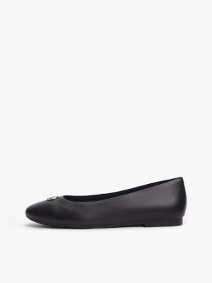black th monogram plaque leather ballerinas for women tommy hilfiger