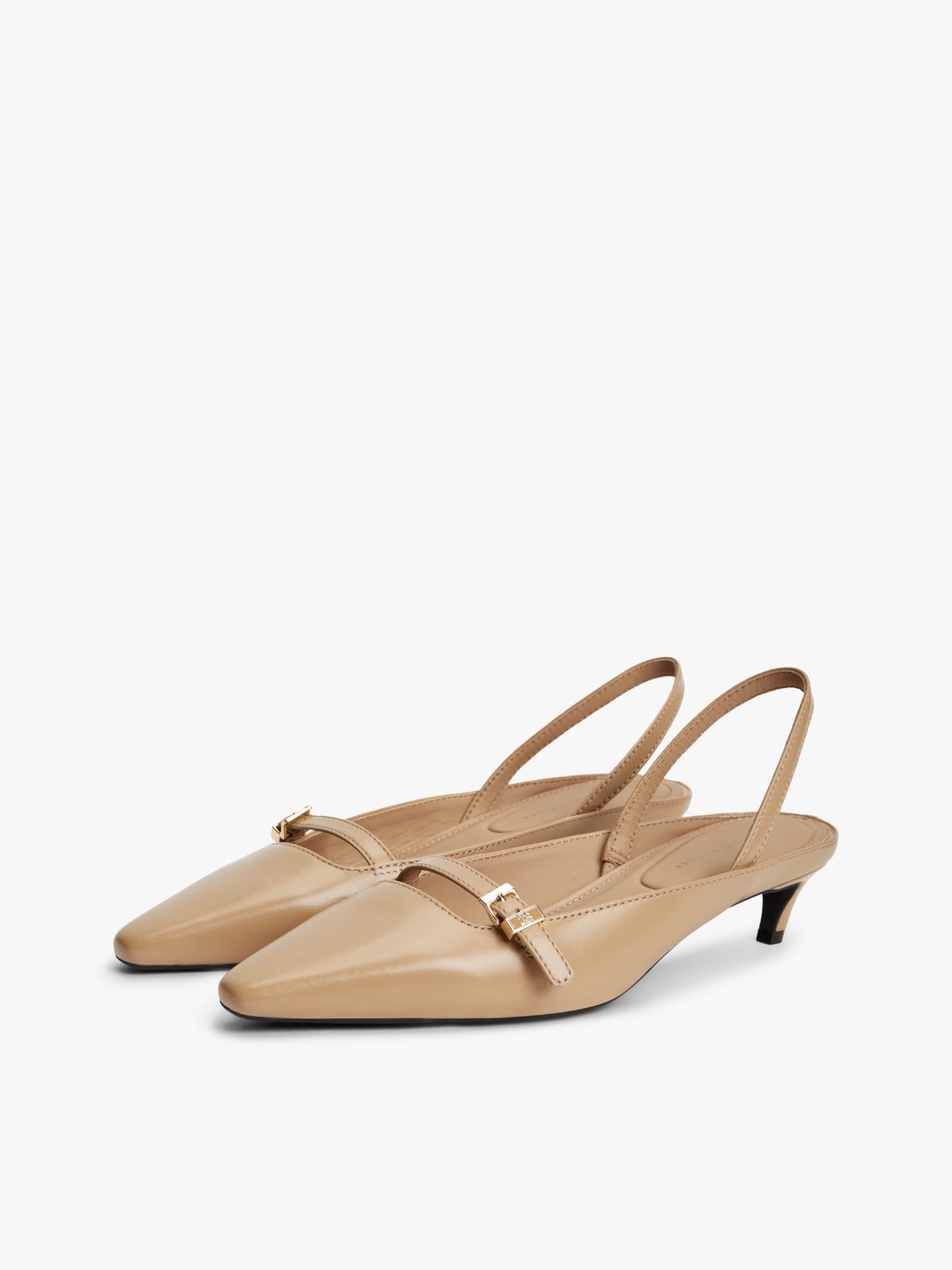 Leather Kitten Heel Slingbacks — Beige