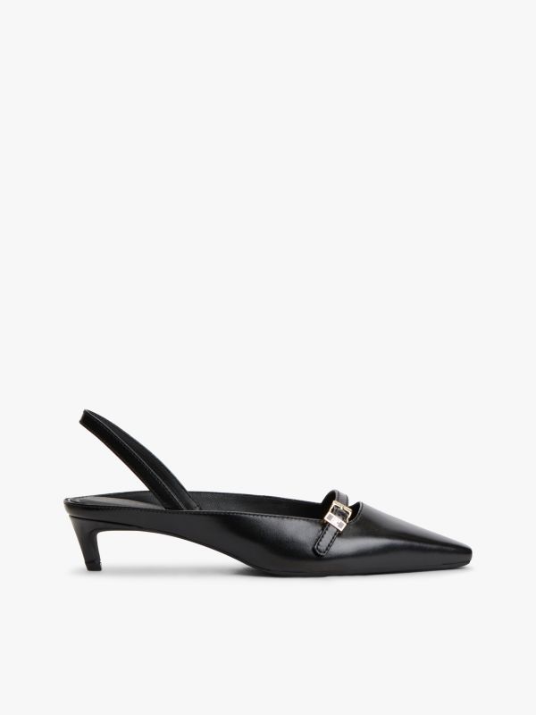 Leather Kitten Heel Slingbacks — Black
