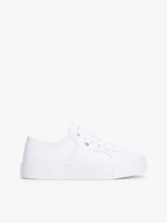 Logo Pebble Grain Leather Platform Trainers — White 1