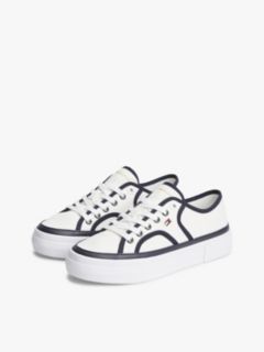 Contrast Piping Canvas Platform Trainers — White 2