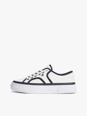 wit canvas platformsneaker met contrasterende biezen voor dames - tommy hilfiger