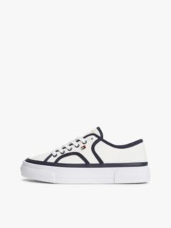 Contrast Piping Canvas Platform Trainers — White 7