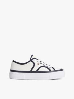 Contrast Piping Canvas Platform Trainers — White 1