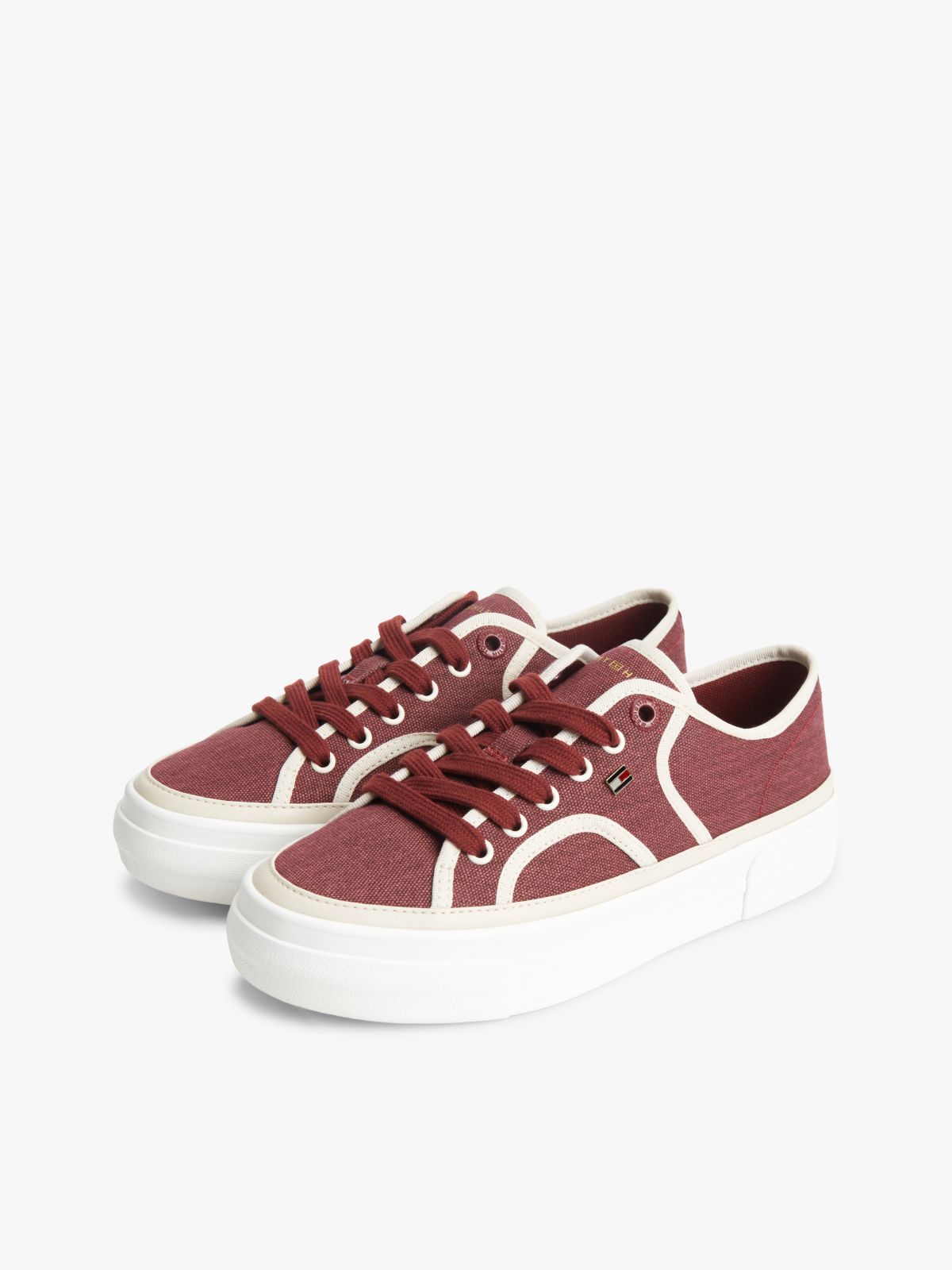 Contrast Piping Canvas Platform Trainers — Burgundy