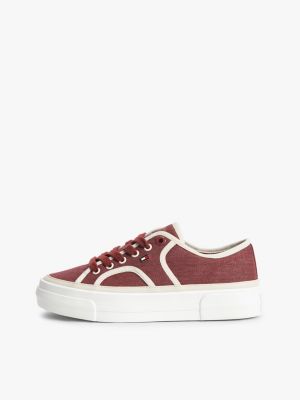 burgundy contrast piping canvas platform trainers for women tommy hilfiger