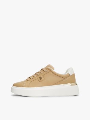 brown metallic th monogram leather platform trainers for women tommy hilfiger