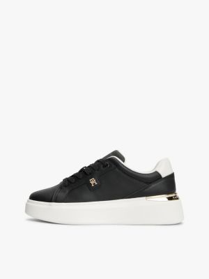 black metallic th monogram leather platform trainers for women tommy hilfiger