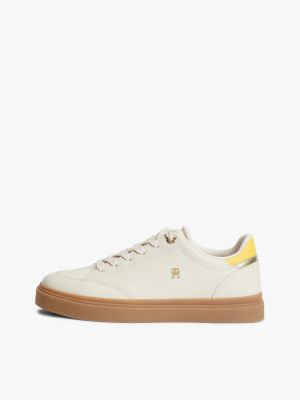beige th monogram leather trainers for women tommy hilfiger