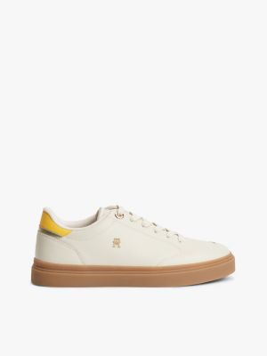 beige th monogram leather trainers for women tommy hilfiger