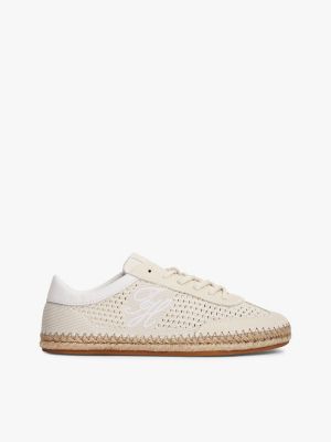 beige gebreide sneaker met logo en koorddetail voor dames - tommy hilfiger