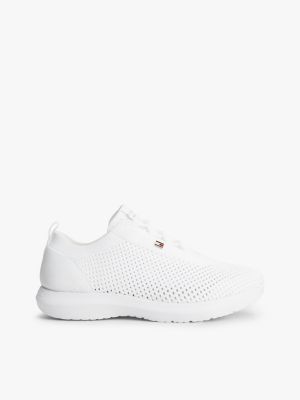 white enamel flag knit trainers for women tommy hilfiger
