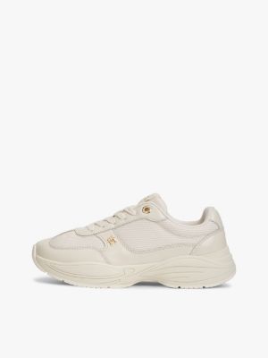 beige th monogram mixed texture leather trainers for women tommy hilfiger
