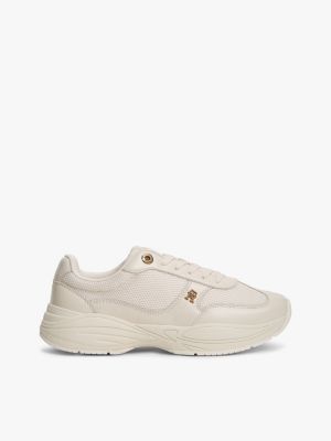 beige th monogram mixed texture leather trainers for women tommy hilfiger
