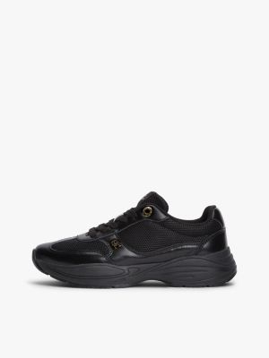 black th monogram mixed texture leather trainers for women tommy hilfiger