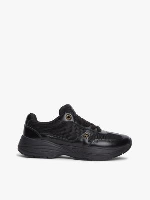 black th monogram mixed texture leather trainers for women tommy hilfiger