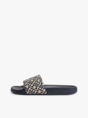 blue th monogram pool slides for women tommy hilfiger
