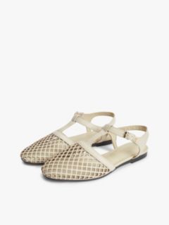 Cutout Leather T-Bar Buckle Sandals — Beige 2
