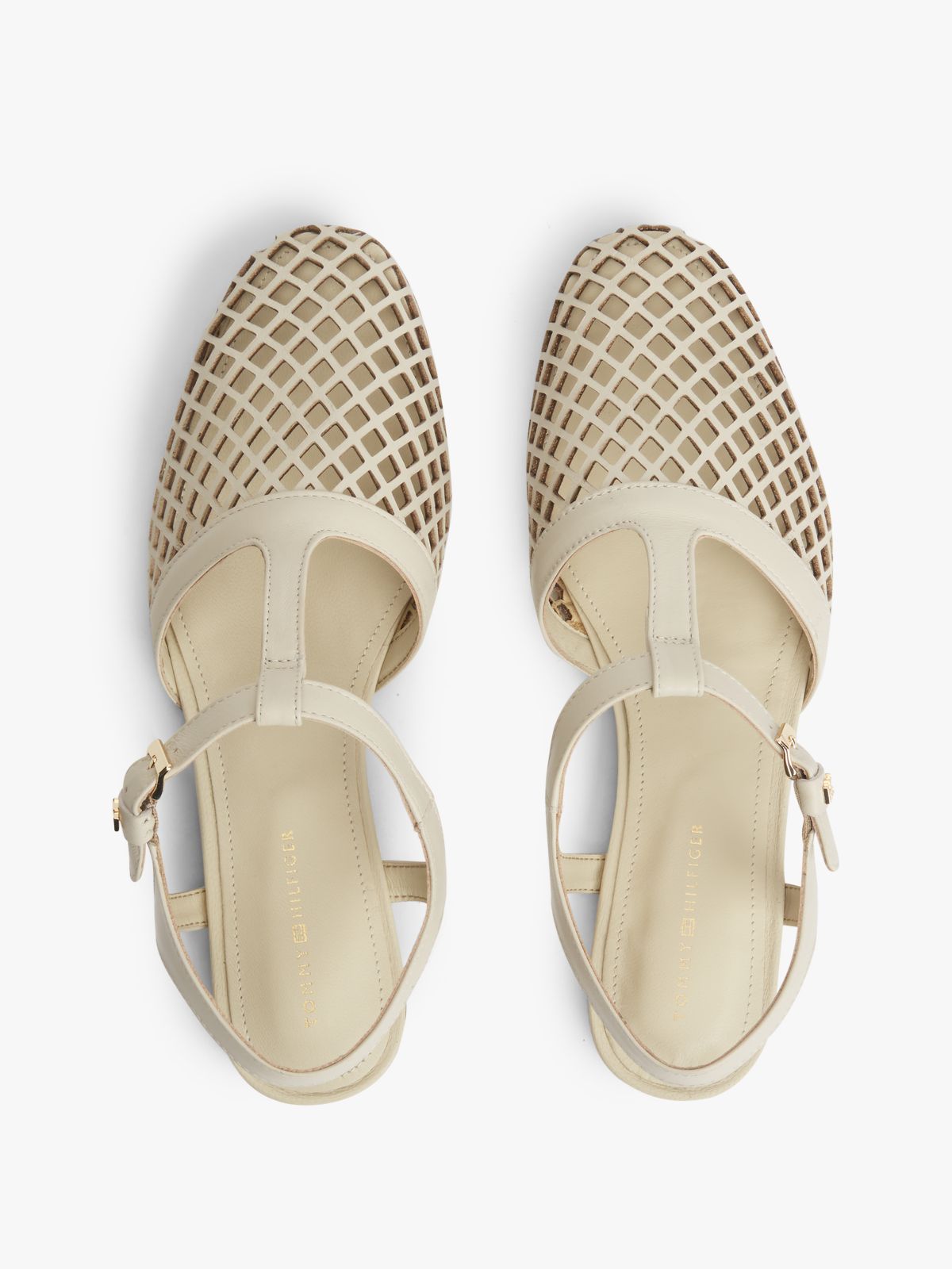 Cutout Leather T-Bar Buckle Sandals — Beige