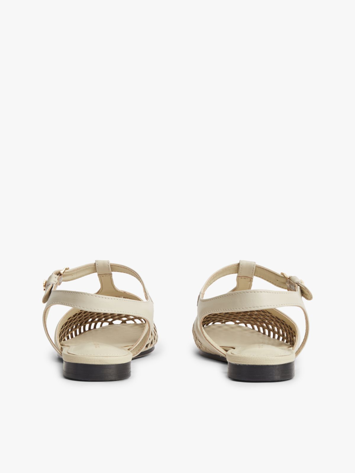 Cutout Leather T-Bar Buckle Sandals — Beige