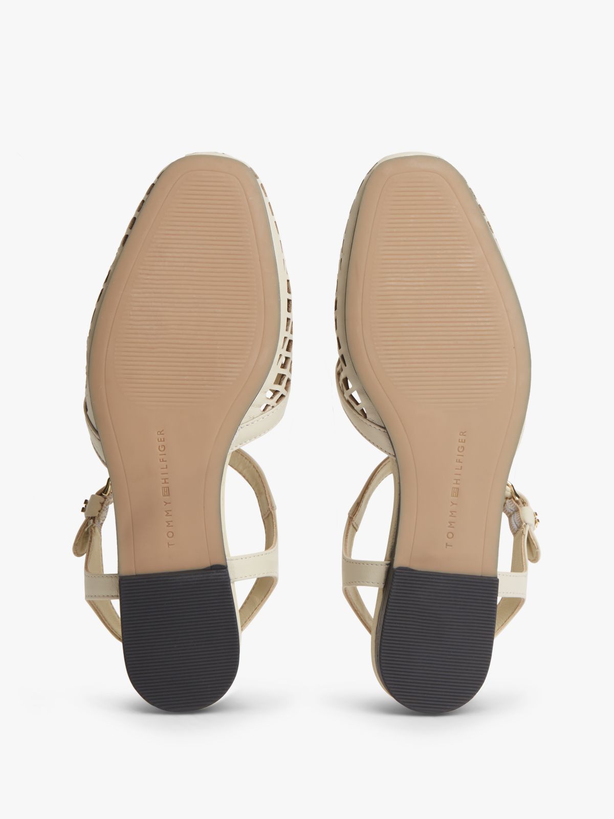 Cutout Leather T-Bar Buckle Sandals — Beige