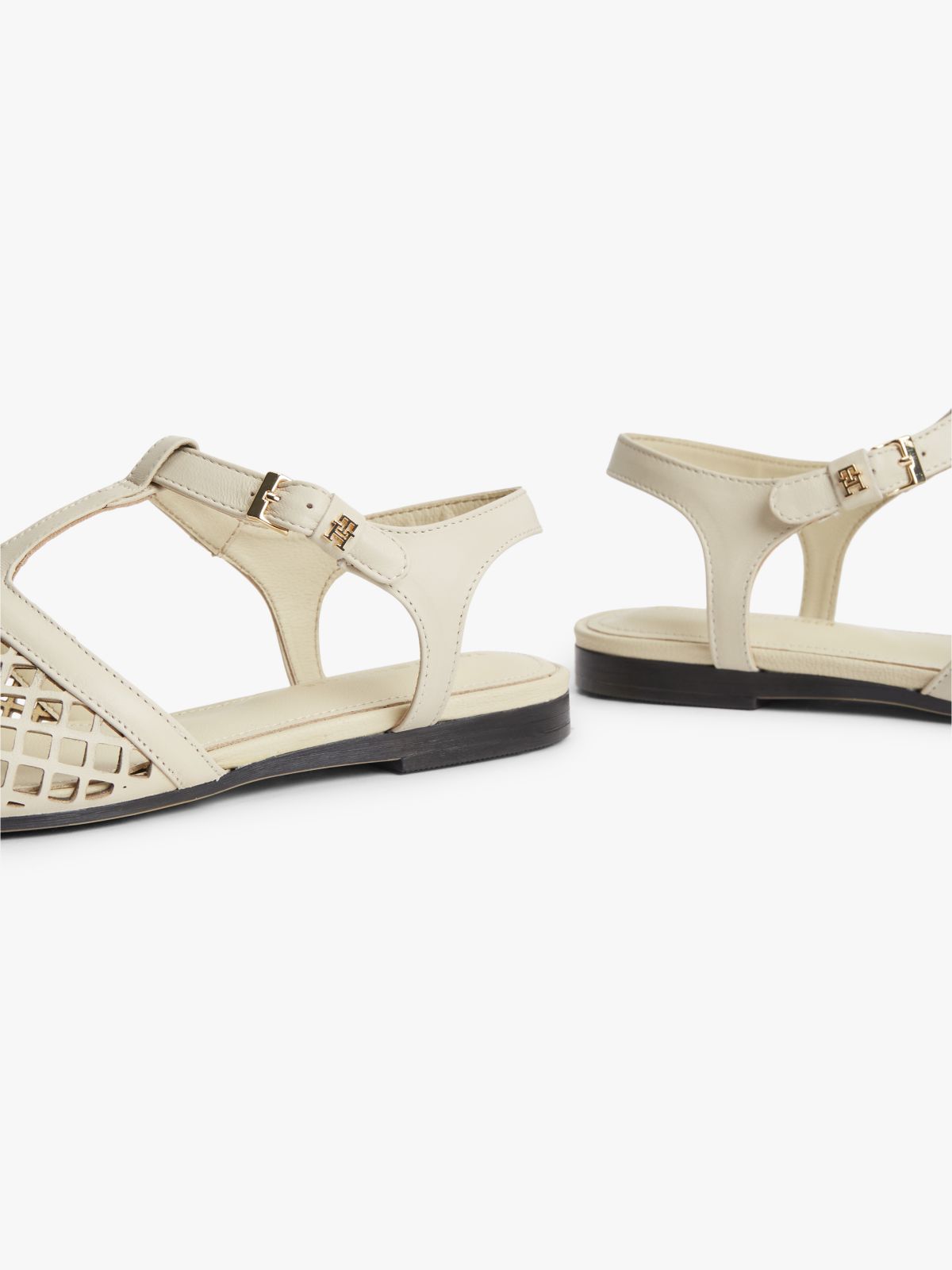 Cutout Leather T-Bar Buckle Sandals — Beige