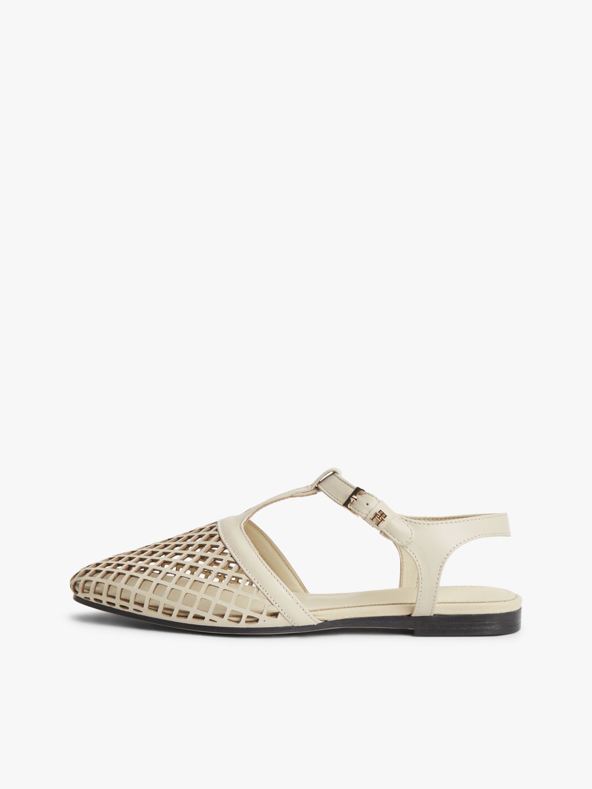Cutout Leather T-Bar Buckle Sandals — Beige