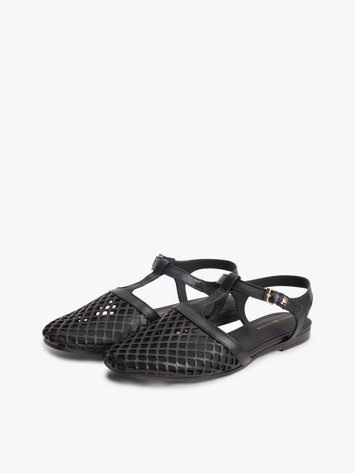 Cutout Leather T-Bar Buckle Sandals — Black