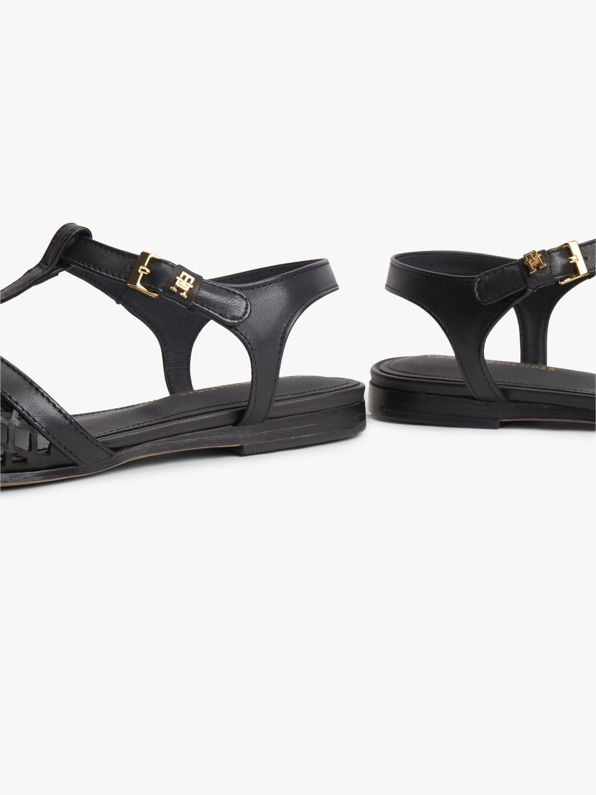 Cutout Leather T-Bar Buckle Sandals — Black