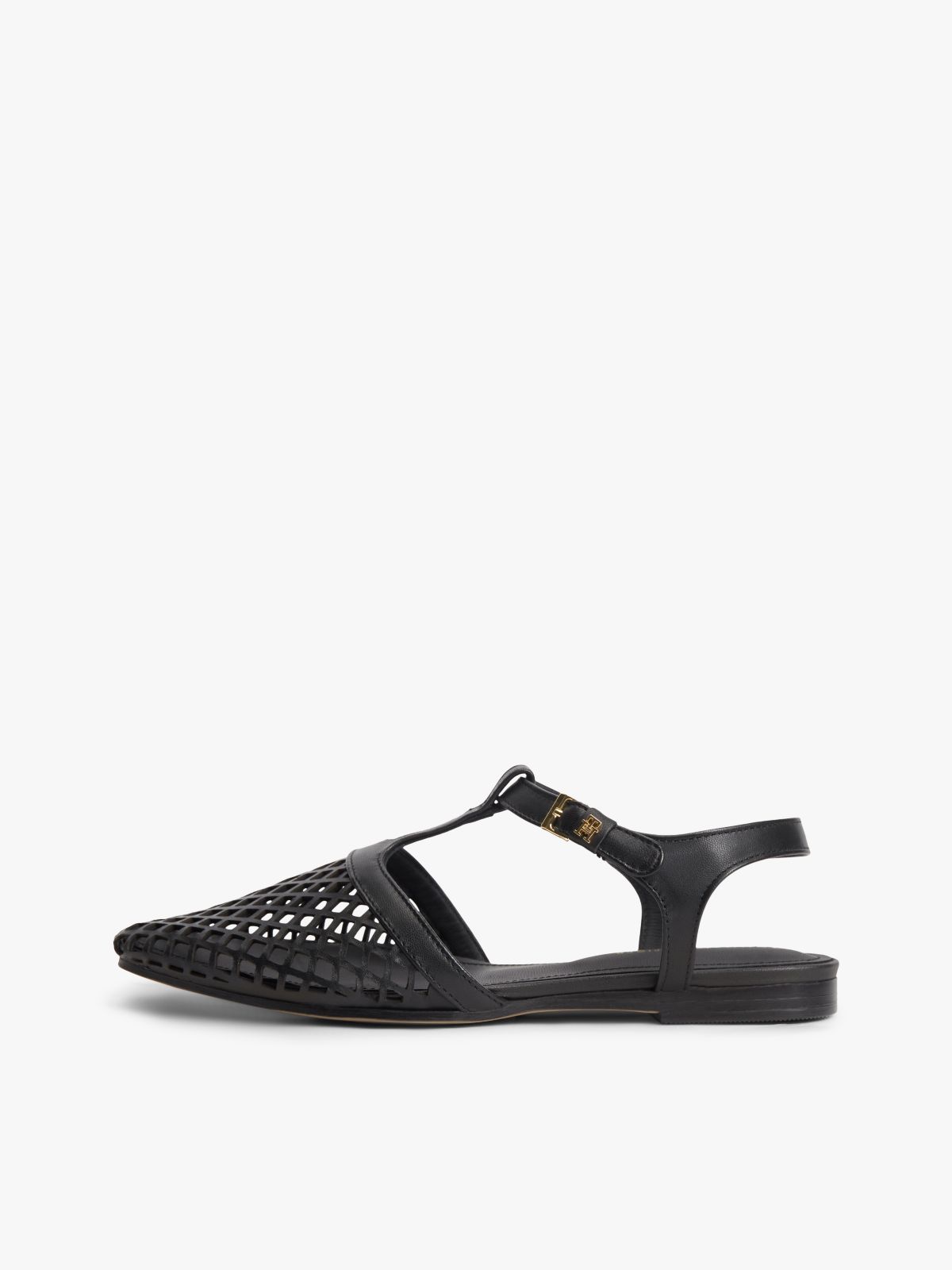 Cutout Leather T-Bar Buckle Sandals — Black