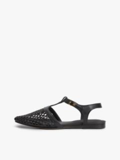 Cutout Leather T-Bar Buckle Sandals — Black 7
