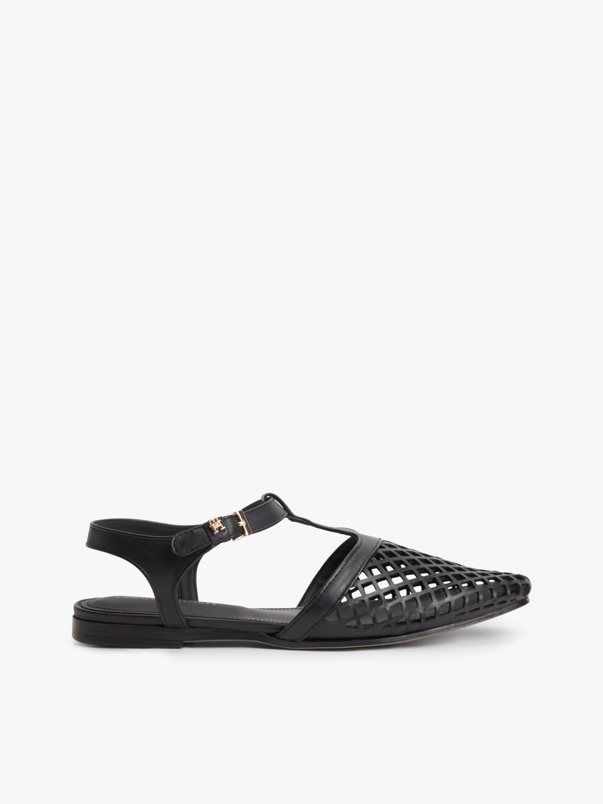Cutout Leather T-Bar Buckle Sandals — Black