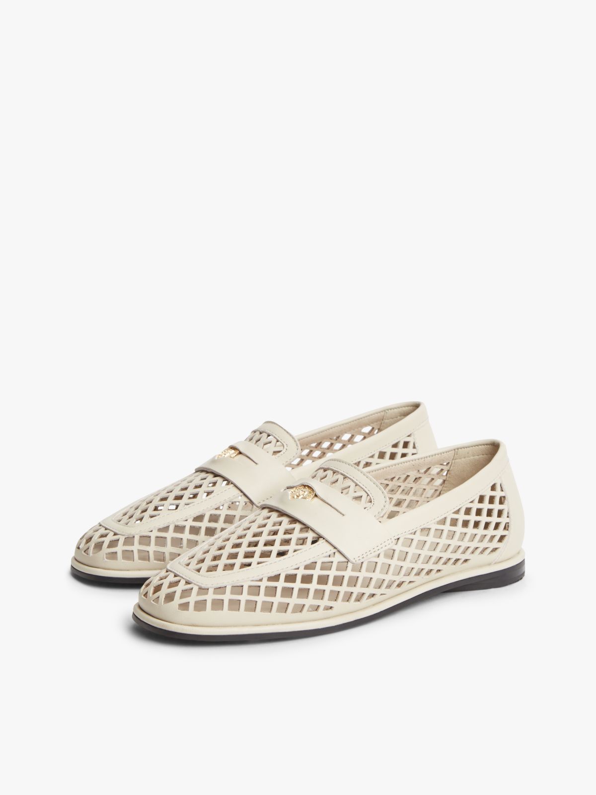 Cutout Leather Penny Loafers — Beige