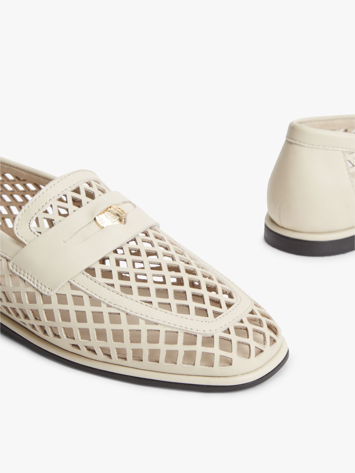 Cutout Leather Penny Loafers — Beige