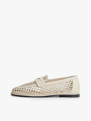 beige cutout leather penny loafers for women tommy hilfiger