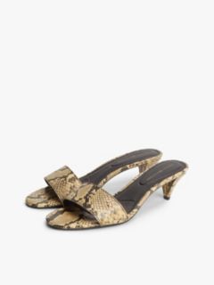 Snake Print Leather Heeled Mules — Brown 2