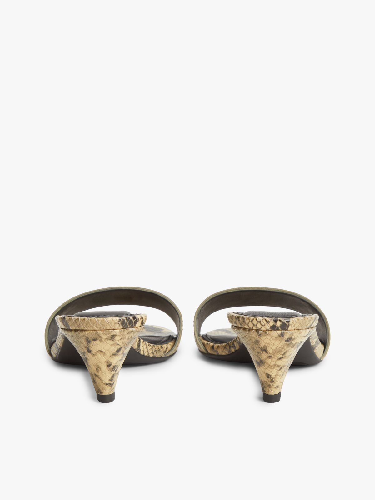 Snake Print Leather Heeled Mules — Brown