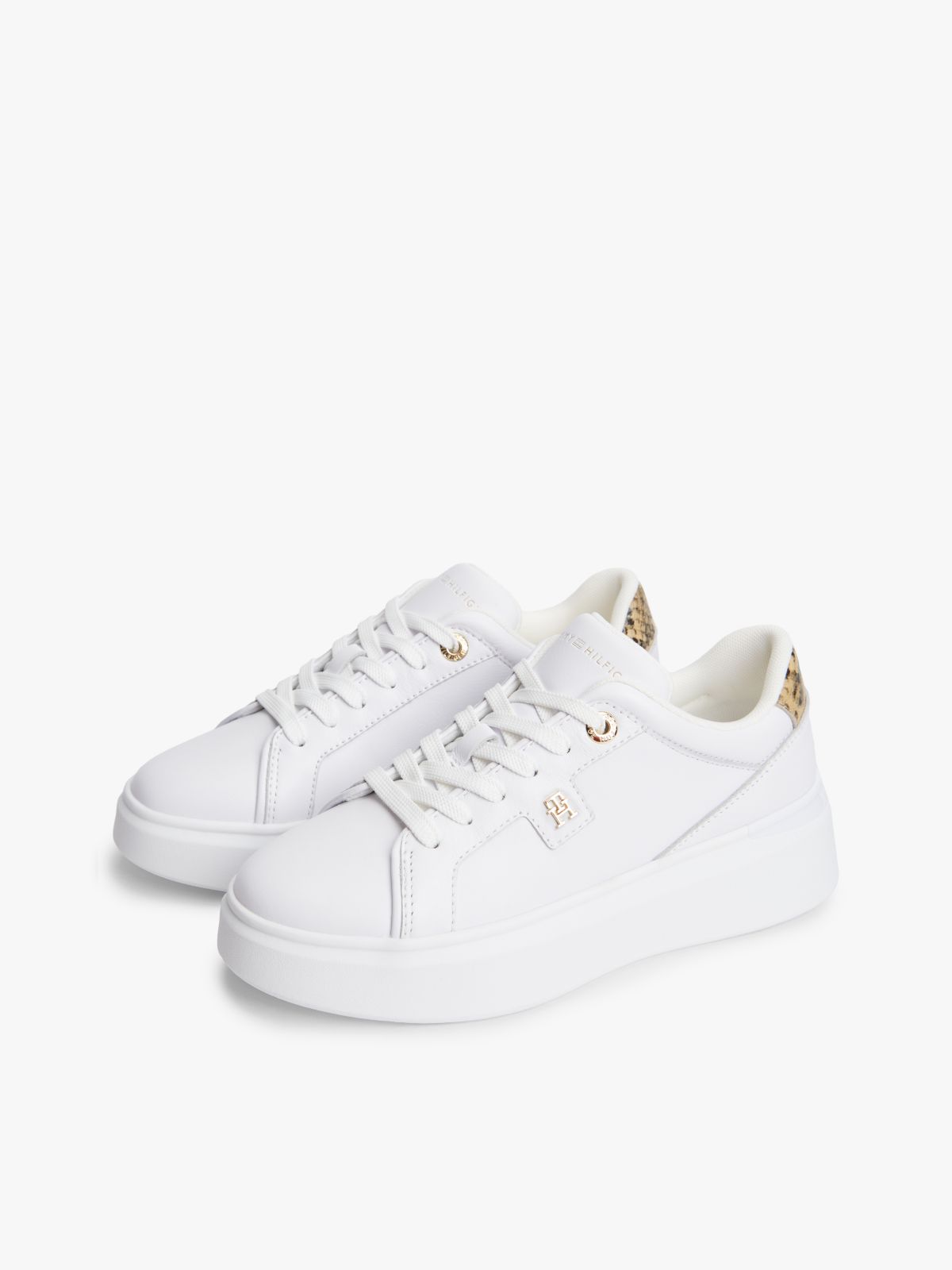 Snake Print Heel Leather Platform Trainers — White