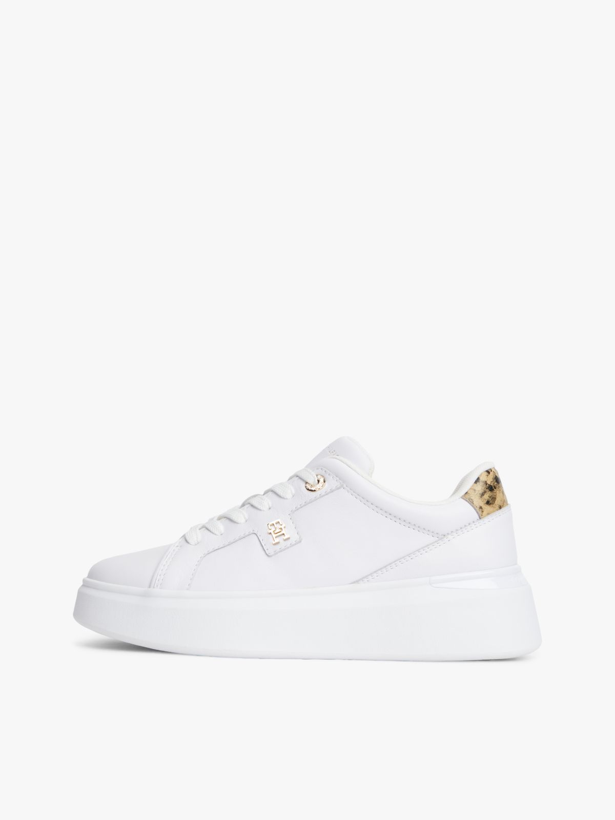 Snake Print Heel Leather Platform Trainers — White