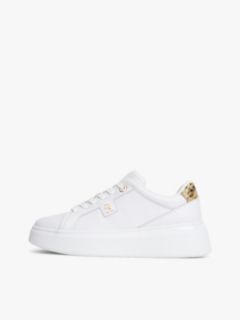 Snake Print Heel Leather Platform Trainers — White 7