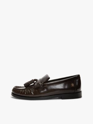 braun leder-loafer mit quaste und th-monogramm für damen - tommy hilfiger