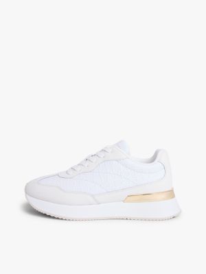white th monogram leather mixed texture trainers for women tommy hilfiger